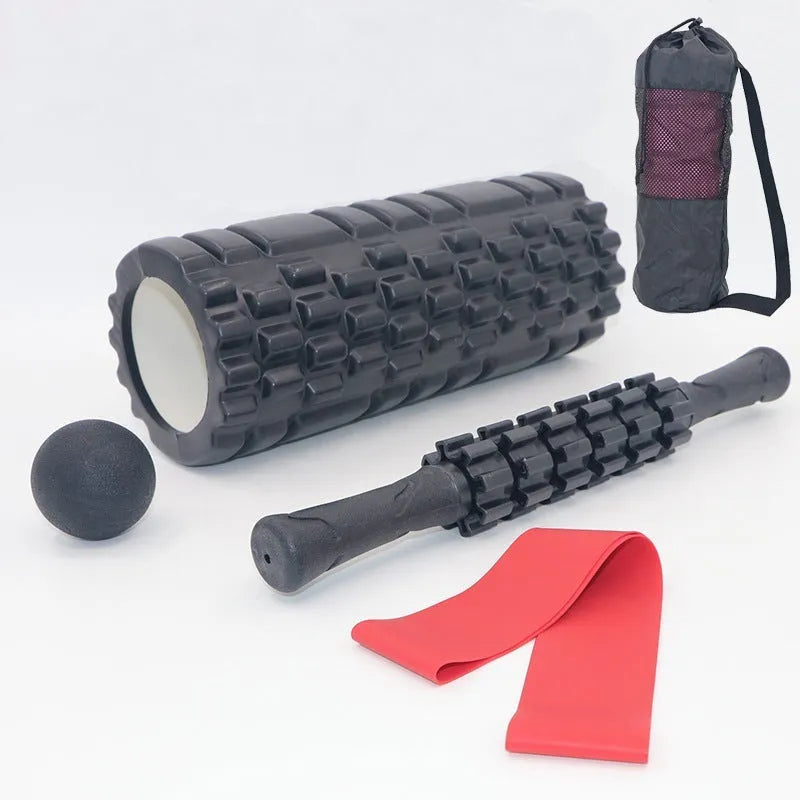Black six-piece 33cm foam roller with segmented shaft and protective carrying case