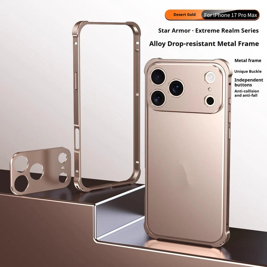 iPhone 17 series mobile phone case with a silver metal alloy frame and frosted finish, showing border-style design.
