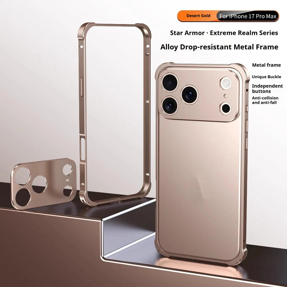 iPhone 17 series mobile phone case with a silver metal alloy frame and frosted finish, showing border-style design.