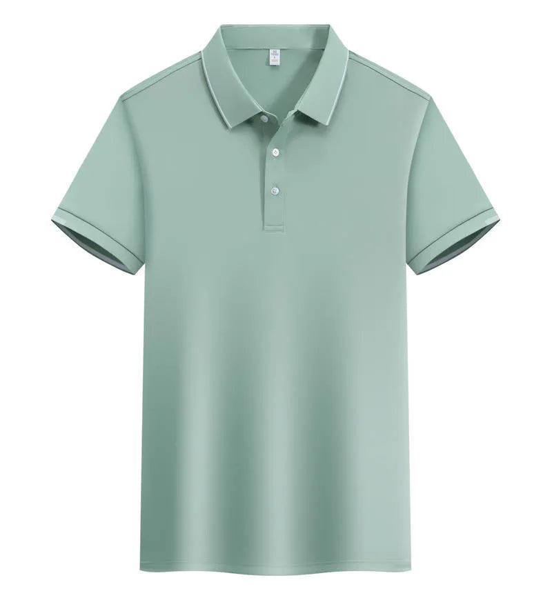 Loose fit cotton blend short sleeve polo shirt showing single-side colour secondary collar lapel detail.