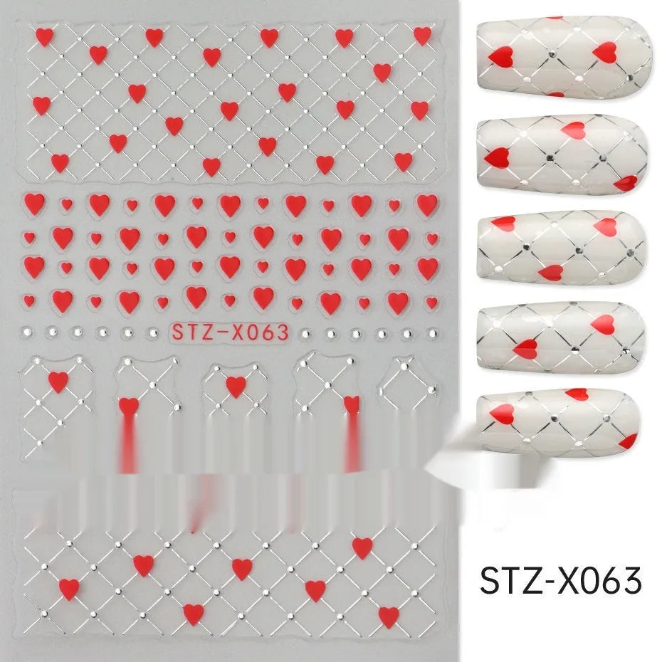 Cartoon nail art stickers sheet with black and silver love heart designs
