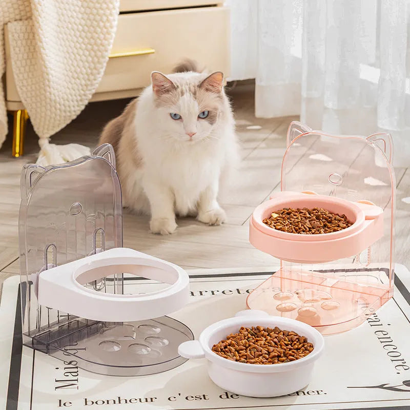 Grey cat bowl with cat ear design and anti-spill edges on adjustable hanging cage