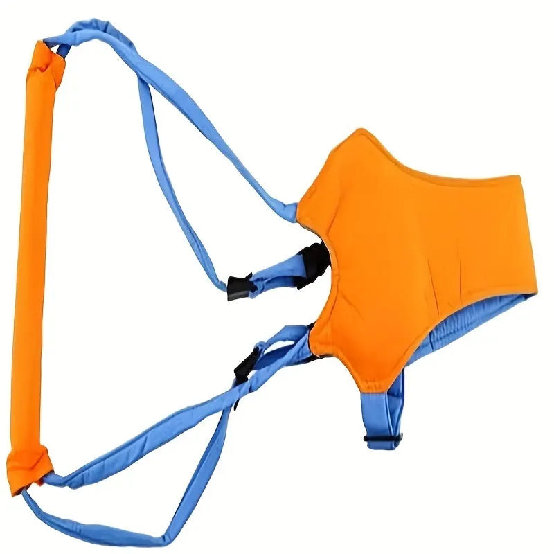 Baby toddler harness walk learning assistant in orange and blue with adjustable 52-62cm strap