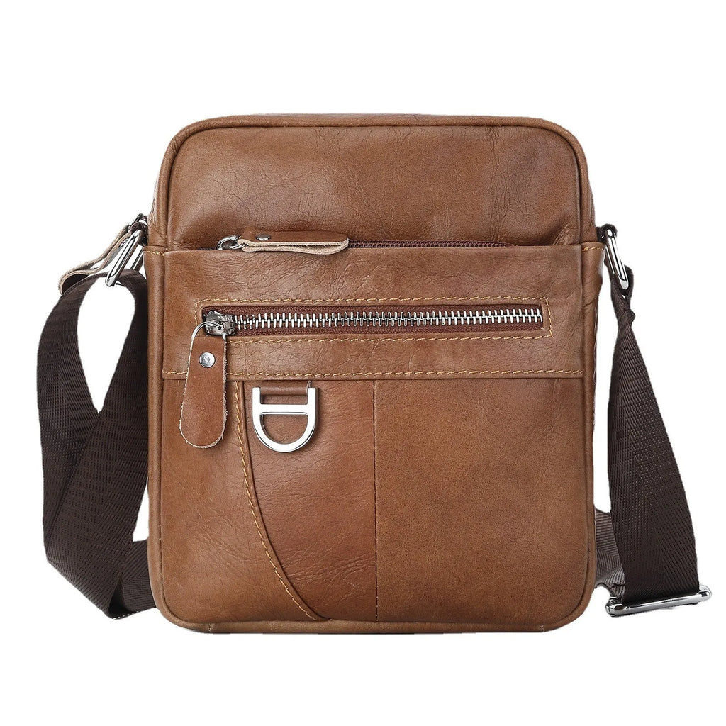 8 inch black shoulder messenger bag made from genuine cowhide leather with visible sewing lines