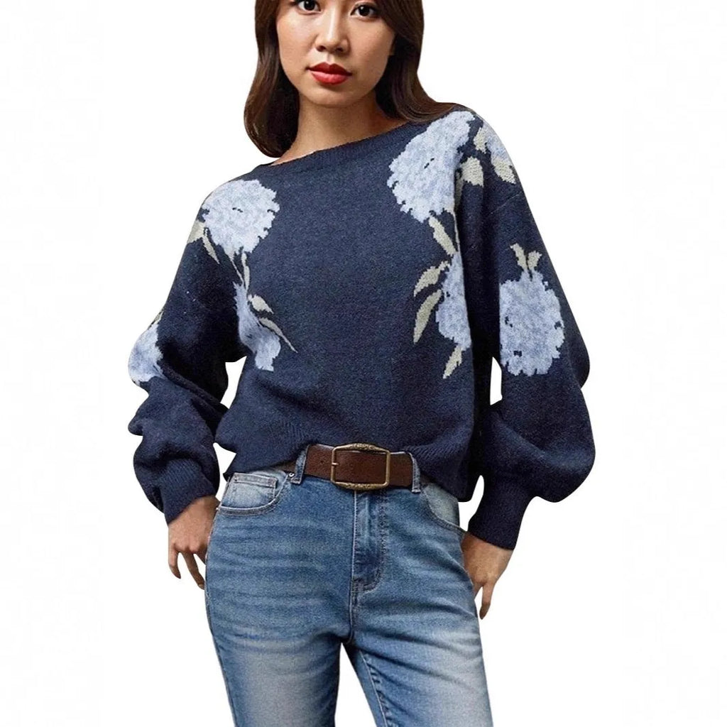 Women's sapphire blue floral jacquard pullover sweater with loose casual fit and chenille fabric