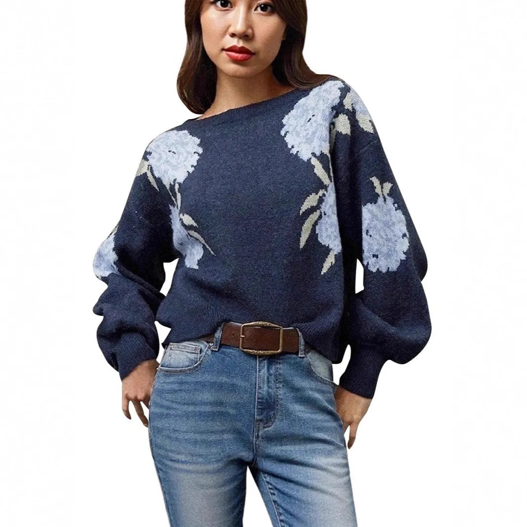 Women's sapphire blue floral jacquard pullover sweater with loose casual fit and chenille fabric