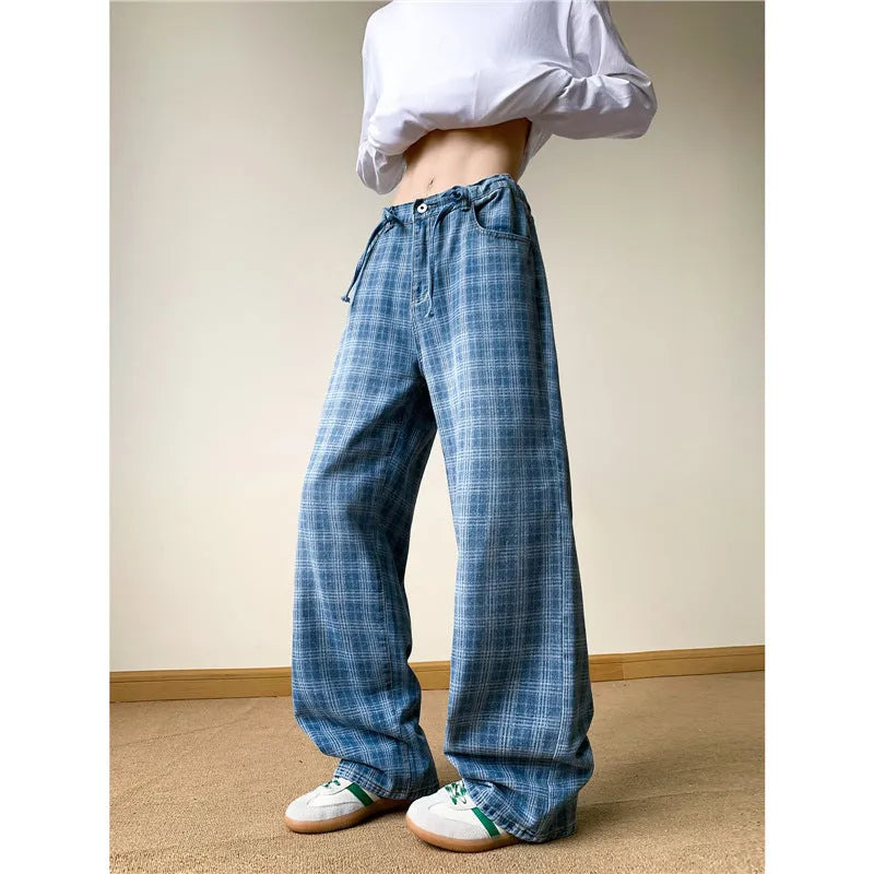 Retro blue plaid wide-leg skinny jeans in cotton denim with mid waist and zip fly