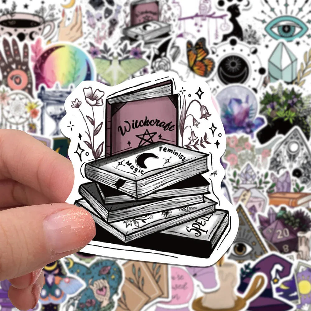 Bohemian wizard graffiti stickers 50-pack on PVC matte film showing three retro designs 5-7cm each