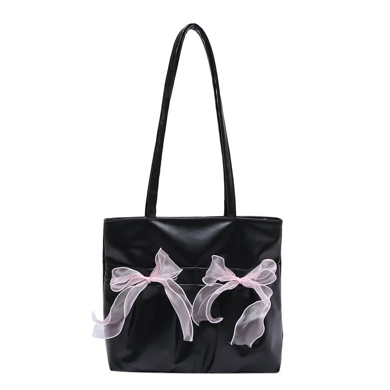 College style bow tote bag in black with large capacity and double shoulder straps