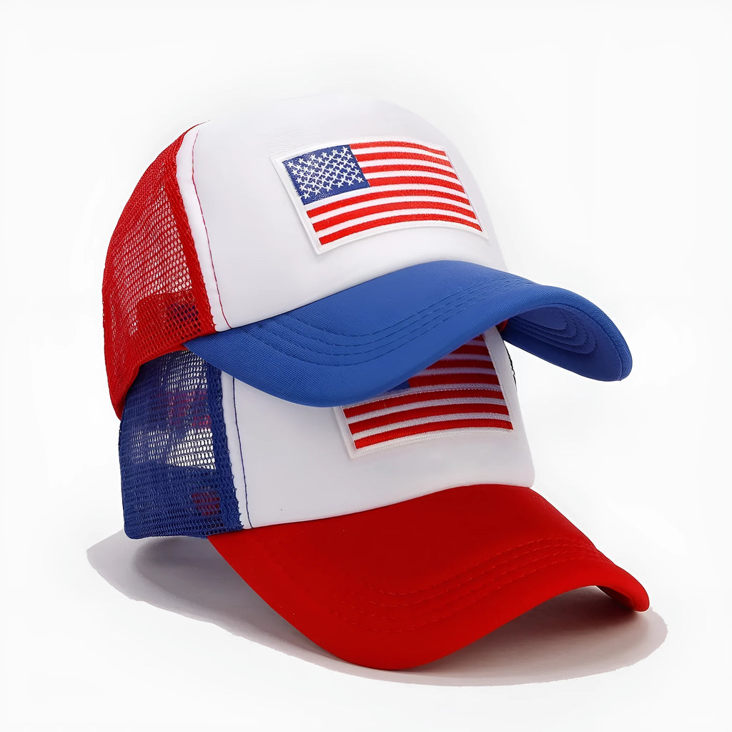 Red and blue mesh cotton baseball cap with adjustable strap and dome crown design