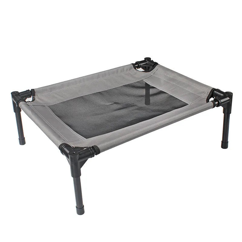 Black outdoor portable dog bed with steel frame and removable Oxford cloth cover.