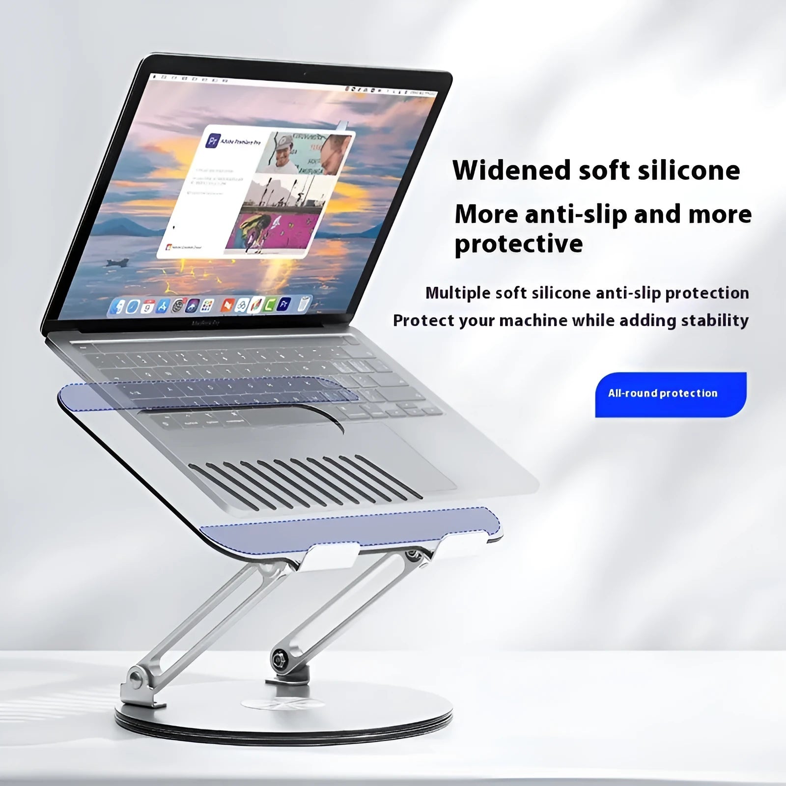 Silver aluminium alloy laptop stand in folded and extended positions showing rotation capability