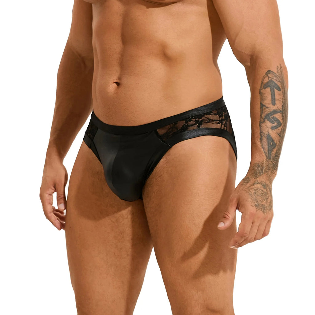 Black men's faux leather briefs with visible stitching and lace detailing on a solid background.