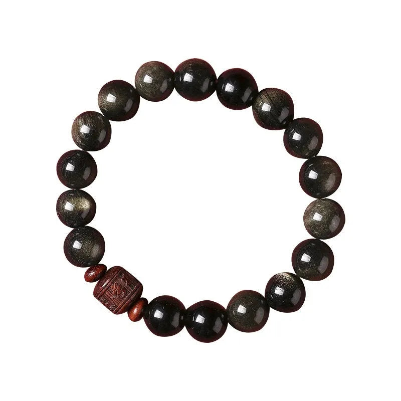 Hand-woven golden obsidian bracelet with 10mm round beads in a vintage style.
