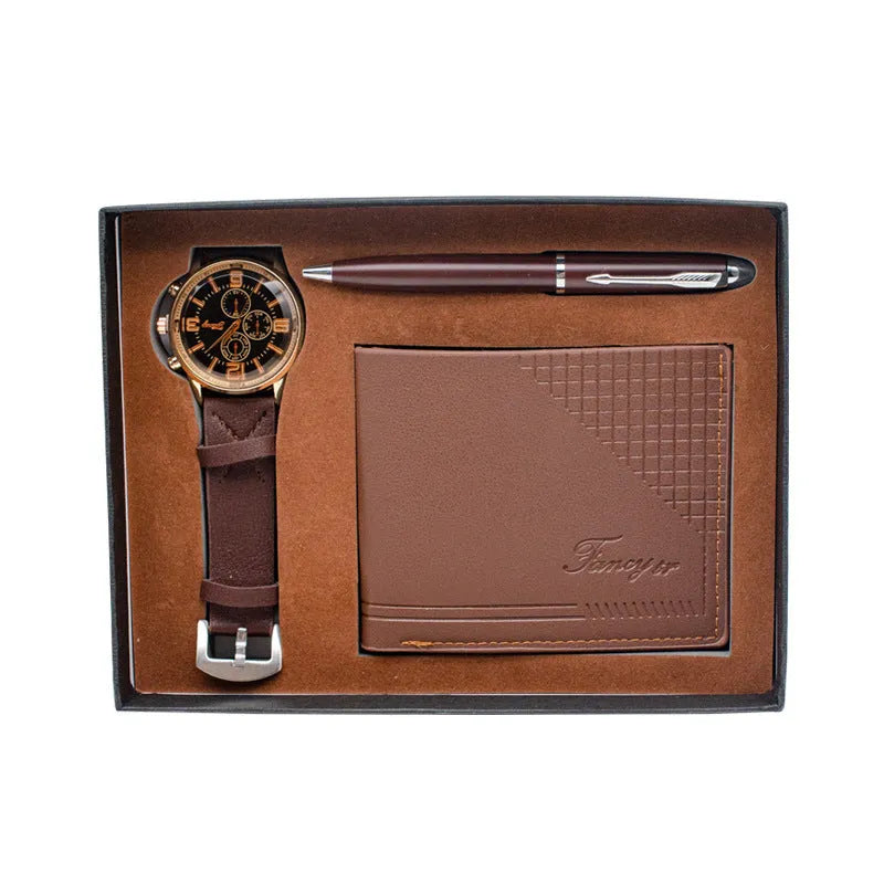 Modern business gift set containing a brown wallet, pen, and watch inside an elegant presentation box.