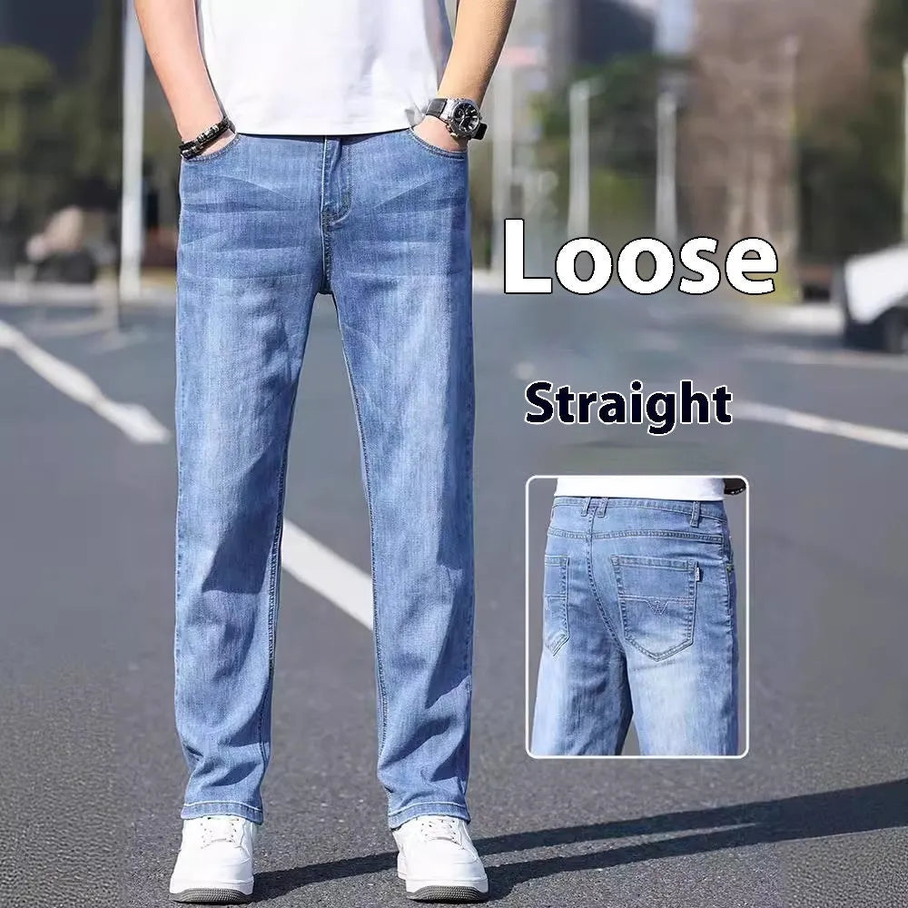 Tapered thin stretch denim trousers for business casual wear in light blue