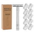 Old style manual double-sided safety razor with alloy handle showing diagonal pattern in black finish