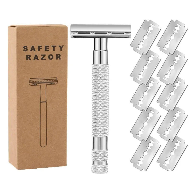 Old style manual double-sided safety razor with alloy handle showing diagonal pattern in black finish