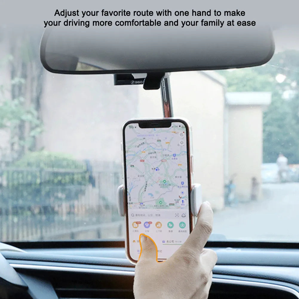 Black ABS car rearview mirror phone holder with 360-degree rotation mounted on a car mirror