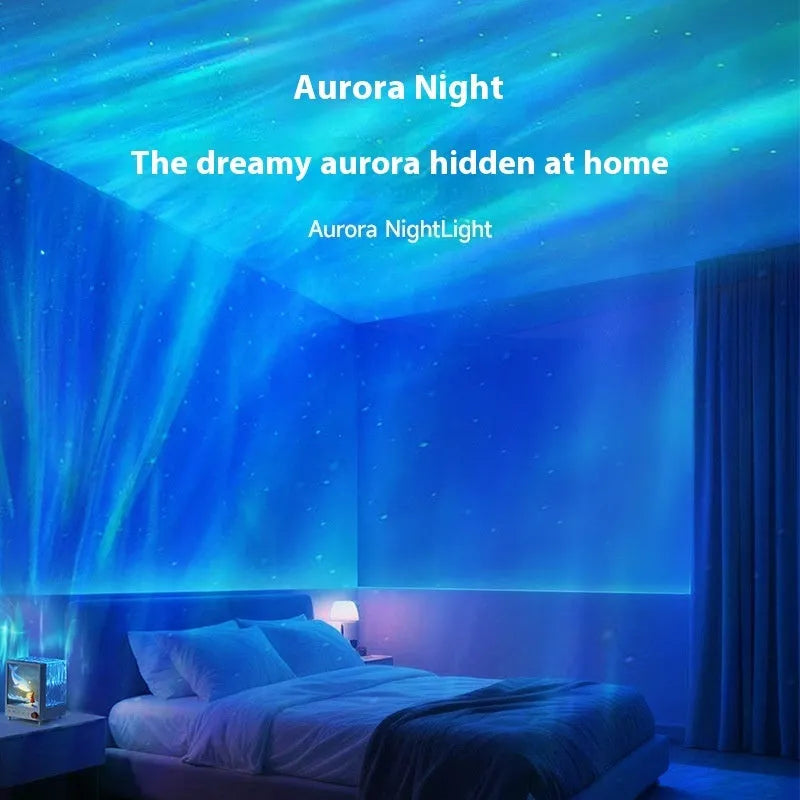 Aurora Treasure Box Star Sea Whale atmosphere projection lamp with Bluetooth speaker on a table.