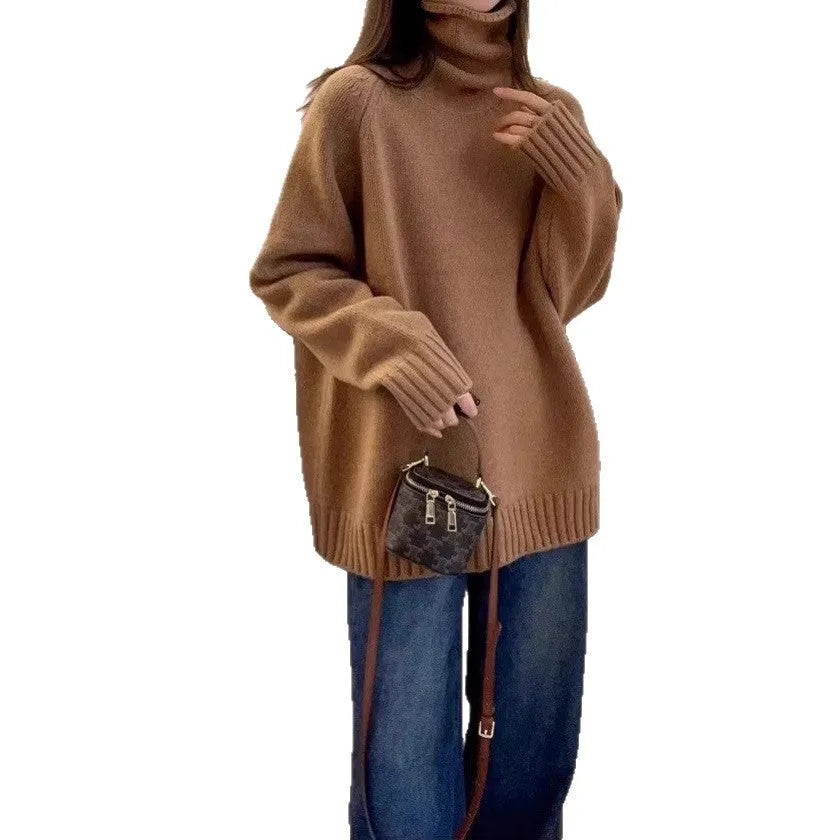 Red women's loose turtleneck sweater with a thick curling pile collar and a 3D pattern texture.