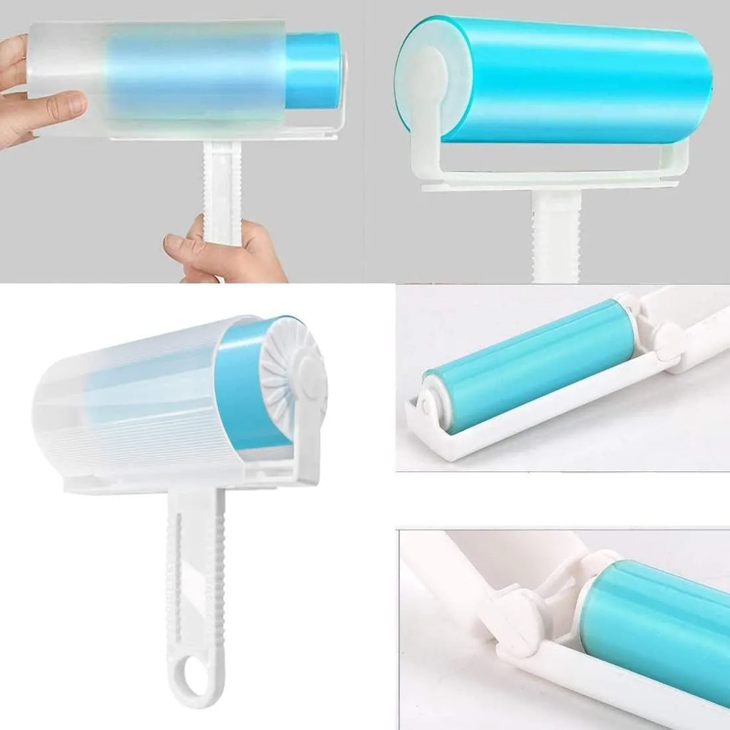 Washable reusable lint roller with cover in blue, green, pink, or yellow colours for pet hair removal