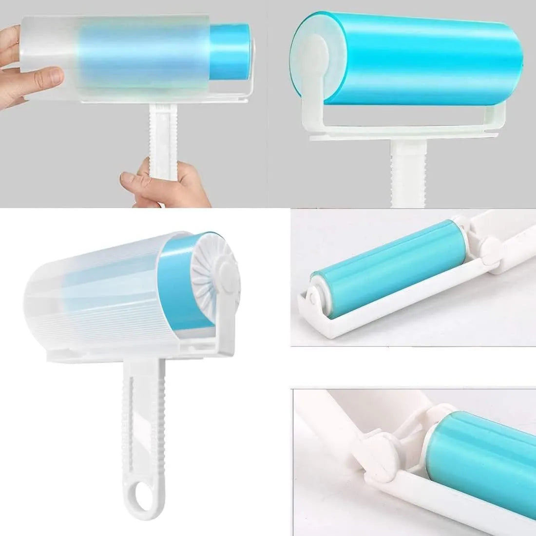 Washable reusable lint roller with cover in blue, green, pink, or yellow colours for pet hair removal