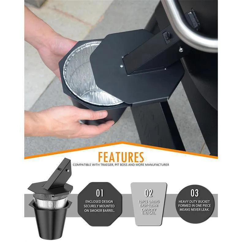 Black grease catcher with cover showing square top and tin foil bucket liners for barbecue drip collection