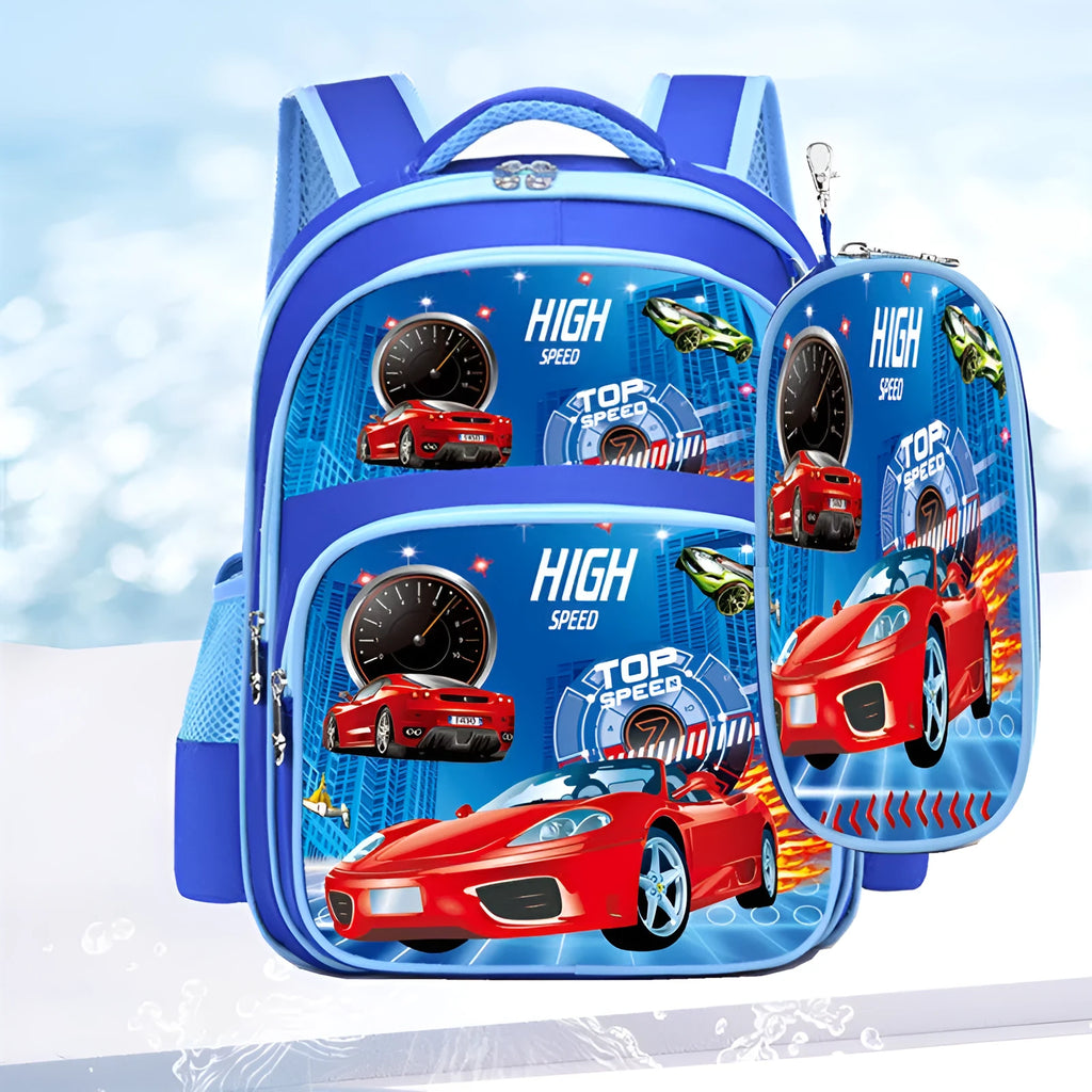 Blue children's nylon backpack with anime cartoon print and a matching pencil case.