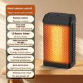 Black remote-control desk heater with shaking head on wooden desktop