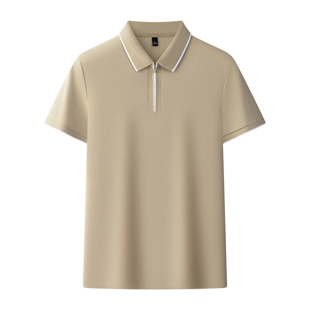 Men's solid colour short sleeve polo shirt with a zip front, shown in beige apricot.