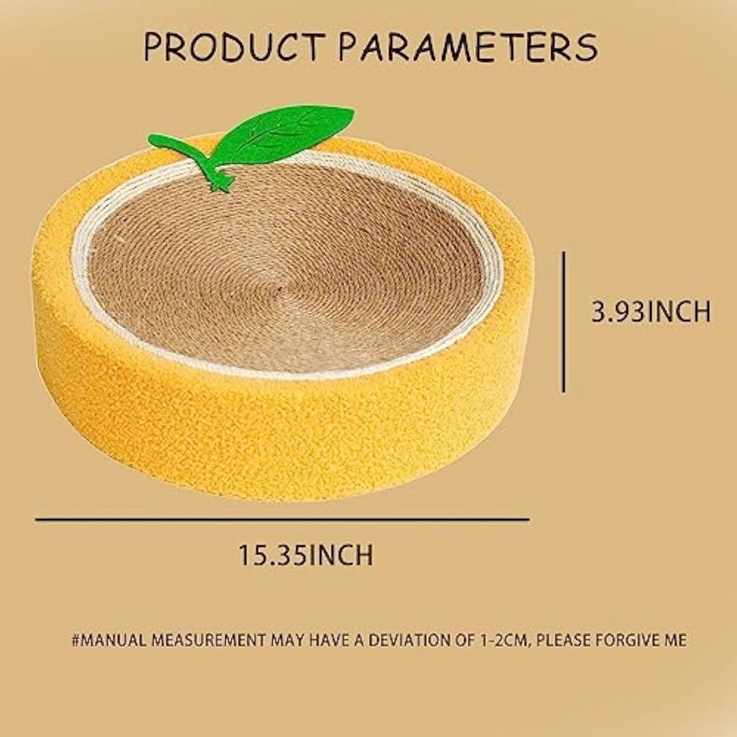 Round yellow fruit-shaped sisal cat scratching board and bed for small breeds.