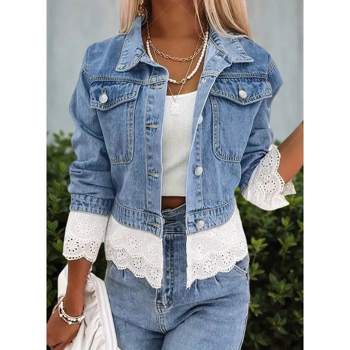 Blue denim jacket for women with lace stitching detail on the front, long sleeves.