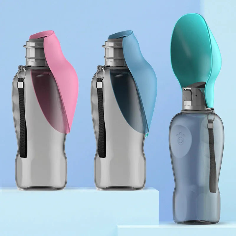 Blue grey portable dog water bottle with foldable drinking bowl extended, showing lock key.