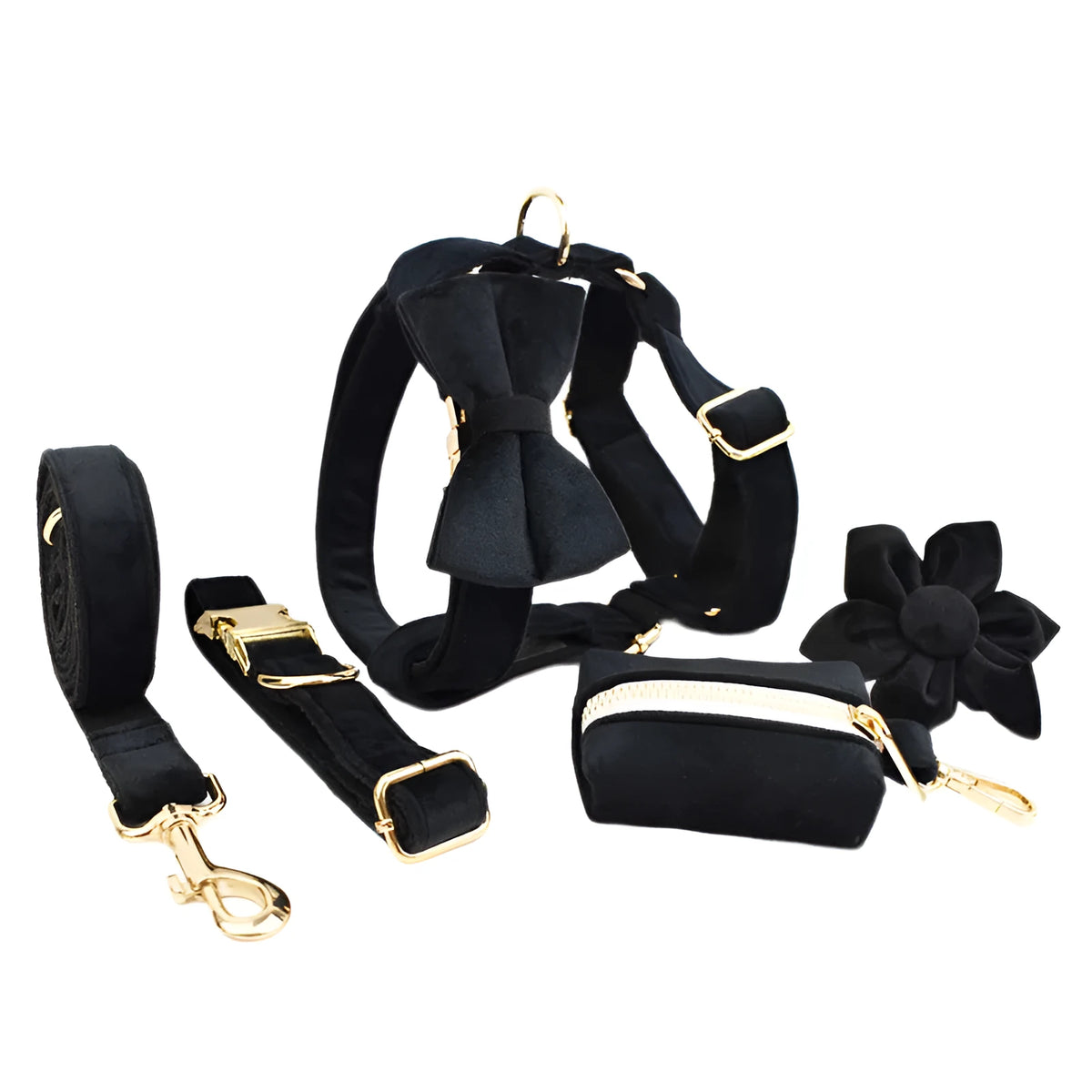Pet collar dog fabric velvet set with dog leash, rope, bow, flower, dog vest, and poop bag in XS to XL