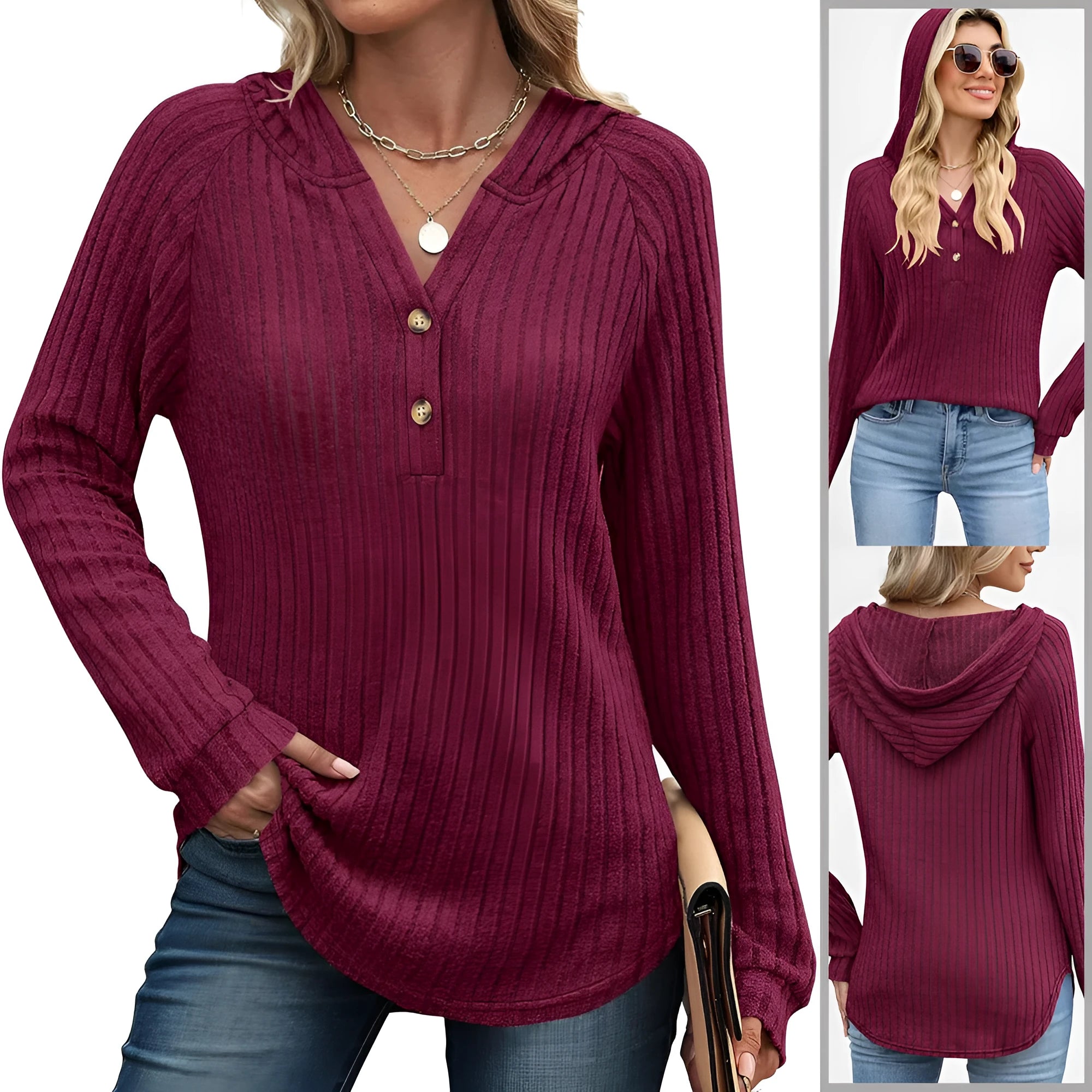 Women's solid colour V-neck button loose hooded fleece knitted top in casual Japanese Korean style