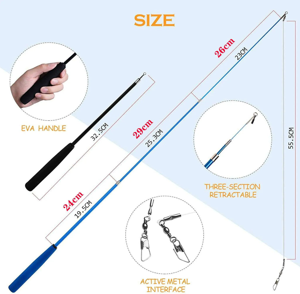 Cat teasing pole set with extendable fishing rod wand and feather attachments