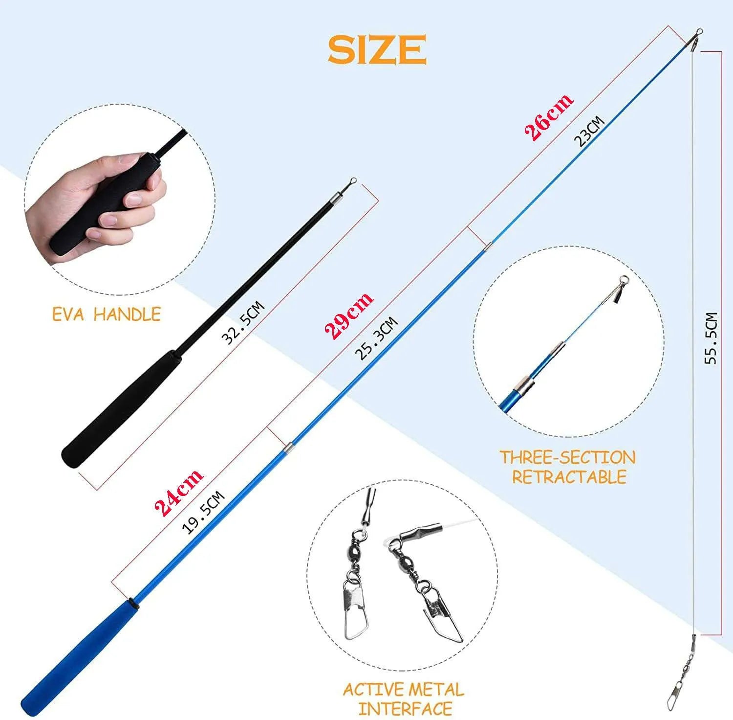 Cat teasing pole set with extendable fishing rod wand and feather attachments