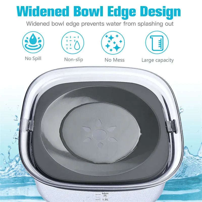 Transparent 70oz dog water bowl with floating disc showing visible water level measurement