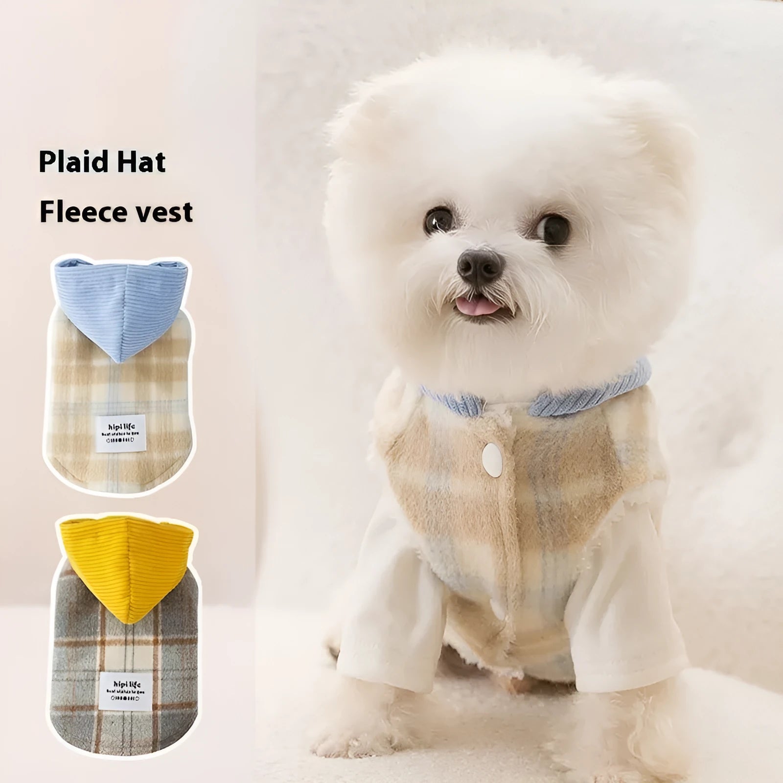 Blue corduroy chessboard grid hooded vest for a dog on a white background.