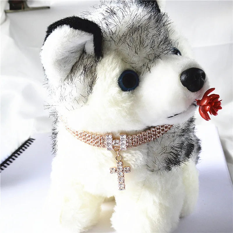 Letter cross pet necklace with zircon and rhinestone inlay, gold or rose gold, adjustable S M L sizes