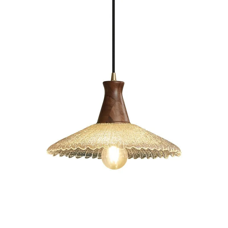 Retro brass and glass chandelier with solid wood body in three size options