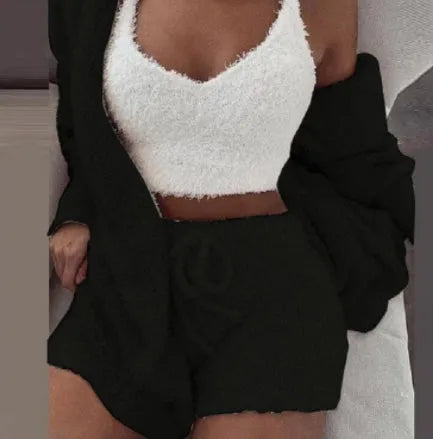 Women's Long Sleeve Crop Tank Top and Drawstring Shorts Pajama Set, Velvet Pants Suit in Multiple Colours White Pink Orange Purple Gray, Available in Asian Sizes S to XXXL for Sleepwear Loungewear