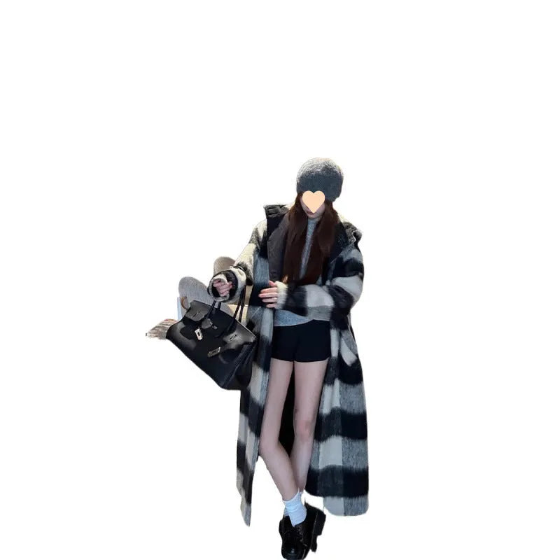 Beige and black plaid mid-length loose fit polyester women's winter woolen coat with lapel collar on a model