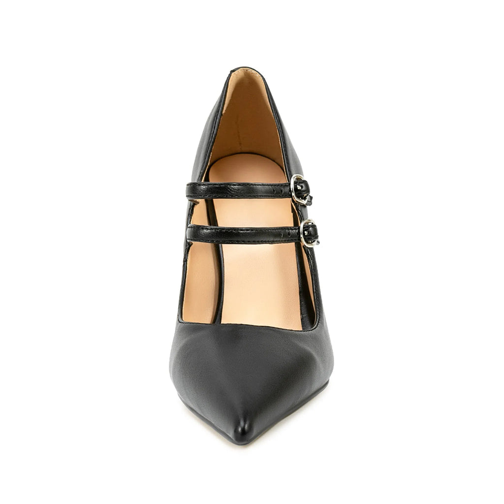 Black PU thin Mary Jane double strap stiletto high heels shallow mouth pump buckle closure tip toe 35-47