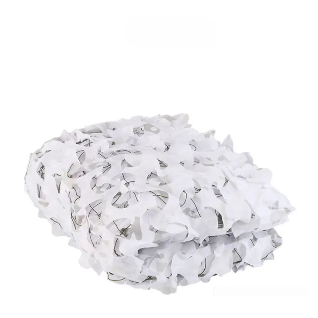 Green and brown camouflage pattern netting draped to create sunshade and visual cover.