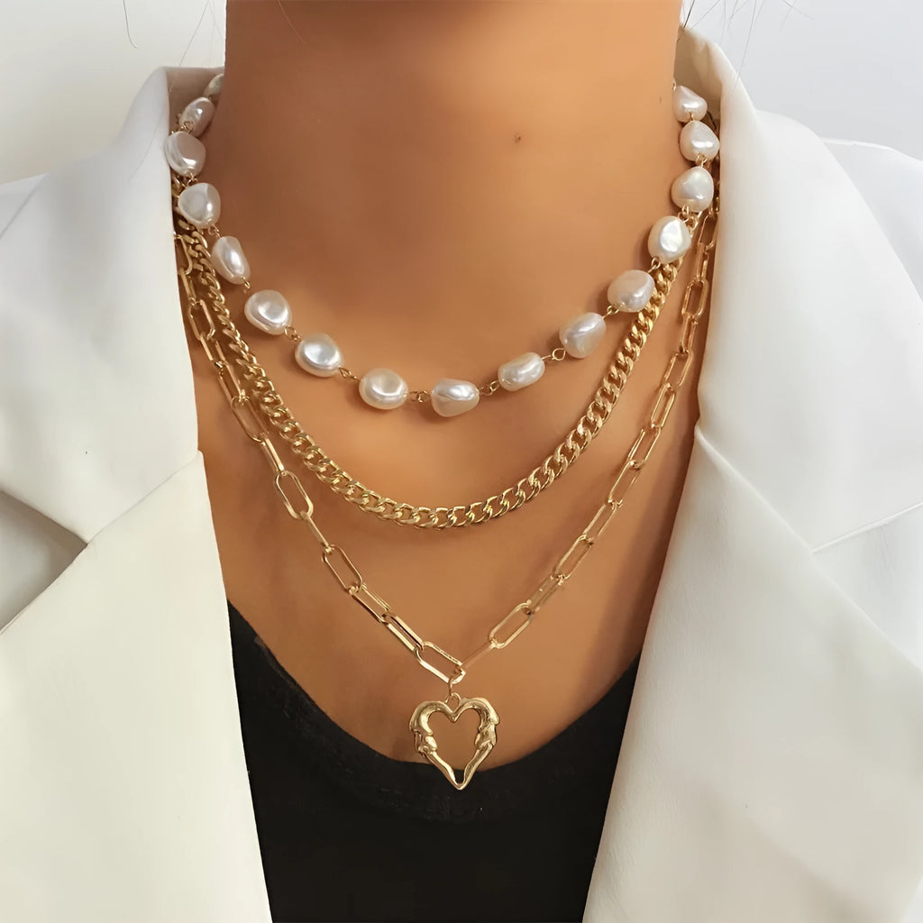 Love alloy clavicle chain for women handmade imitation pearl heart shape pendant with tassel on adjustable chain