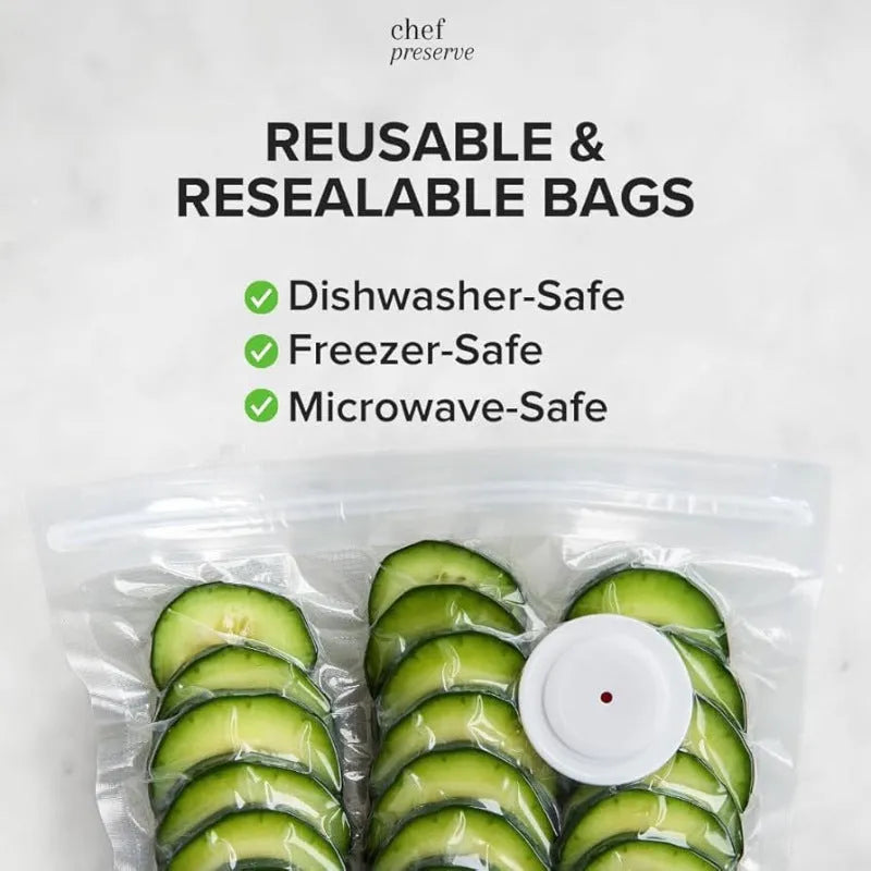 White USB electric suction pump and five clear plastic vacuum storage bags with zipper seals for food preservation.