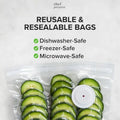 White USB electric suction pump and five clear plastic vacuum storage bags with zipper seals for food preservation.