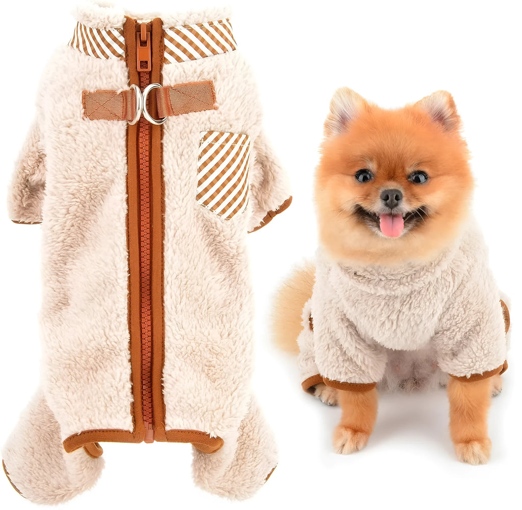 Plush fleece four-leg dog jumpsuit coat with back zipper for small breed winter warmth